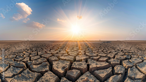 A dry cracked earth landscape under a scorching sun, symbolic of climate change photo