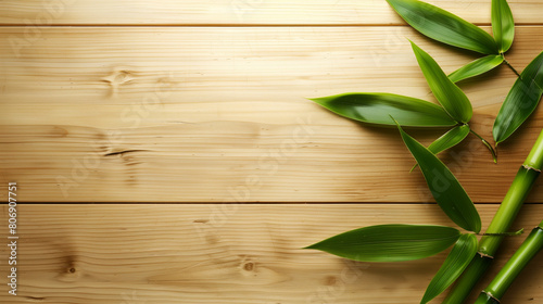 Elegant top view of bamboo stalks and leaves arranged on a wooden background  ideal for nature themes.
