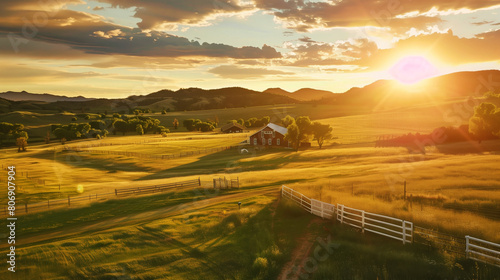 Sunset over a serene farmland with a large red house, white fences, lush fields, and distant hills.