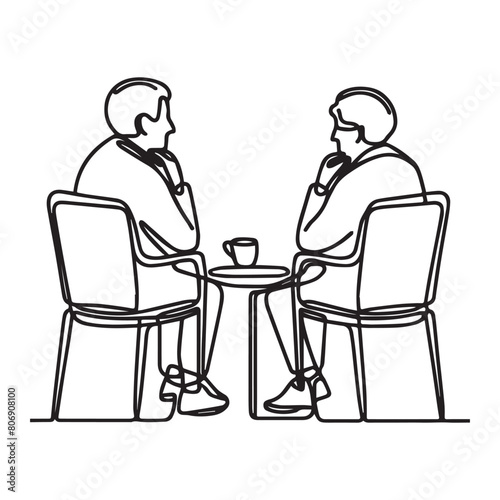 People sitting and talking in continuous line art drawing style. Back view of two senior people sitting on the chairs and discussing something. Black line art