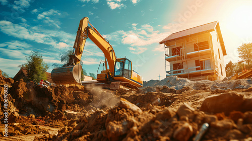 An excavator operating on a construction site near a partially built house on a sunny day.