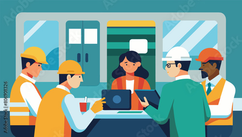 Inside a bustling construction trailer a group of engineers sit around a large table tablets in hand discussing the latest adjustments to the 3D model. Vector illustration