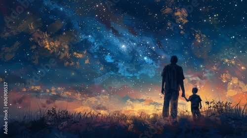 Joyful Father and Son Stargazing  Digital Oil Painting
