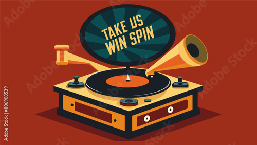 An oldfashioned record player with the words Take a spin with us and the record shops logo on the turntable. Vector illustration