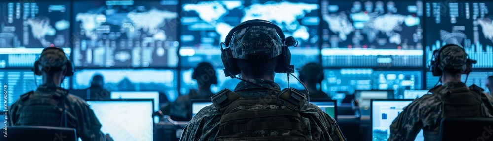 State Security Concept : Soldiers in a high-tech military control room with computers and headsets monitoring State Security Concept : Soldiers in a high-tech military control room with computers and headsets monitoring
