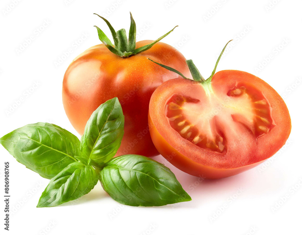 Tomate mit Basilikum isoliert auf weißen Hintergrund, Freisteller Tomate mit Basilikum isoliert auf weißen Hintergrund, Freisteller
