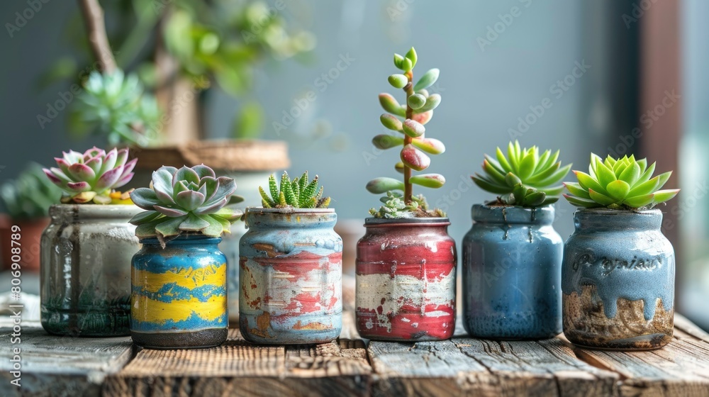 Obraz premium Tender plants in colorful ceramic pots on a wooden table