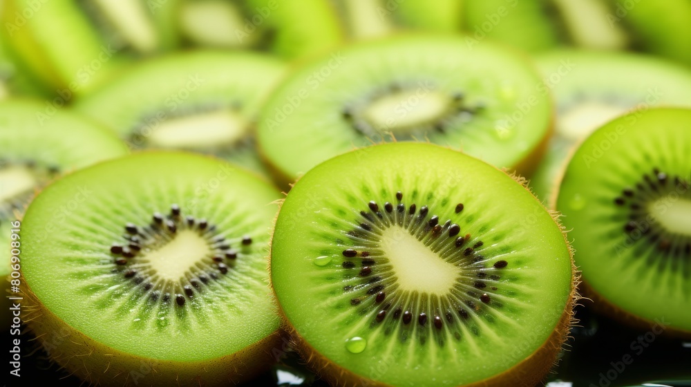 Close-up of juicy kiwi fruit slices arranged on a rustic wooden table Close-up of juicy kiwi fruit slices arranged on a rustic wooden table