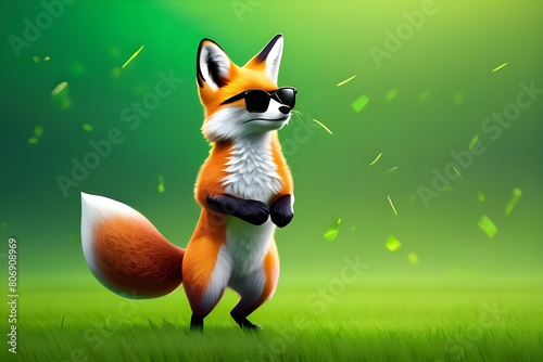 fox dancing against a green background while sporting vibrant clothing and sunglasses