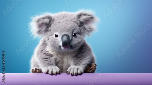 Adorable baby koala sitting on a purple table  looking curious and content