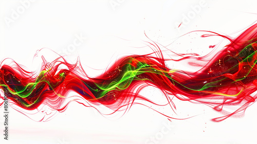  Electric red waves with sharp flashes of neon green, creating a stark contrast on a pure white background for a futuristic effect