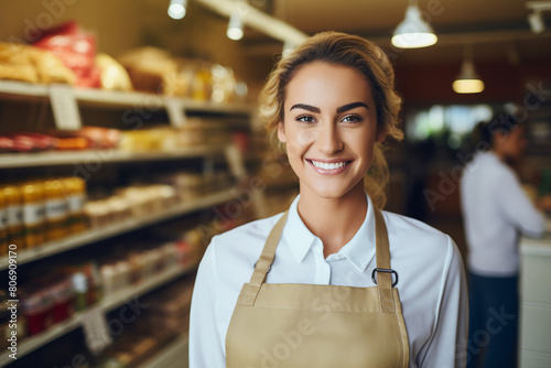 Friendly experienced supermarket store department worker professional at workplace Generative AI illustration