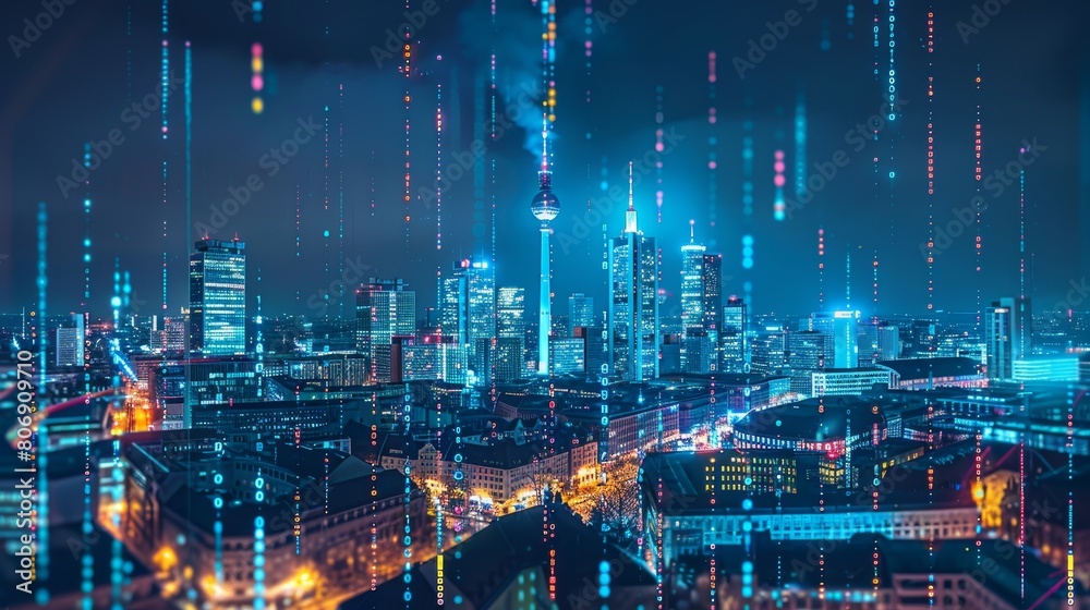 Fototapeta premium Financial Concept: Skyline Fused with Financial Pulse.