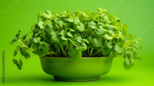 A vibrant green bowl brimming with lush plants against a verdant background