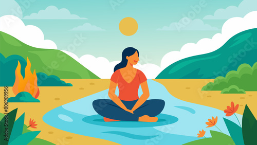 A woman sitting by a babbling brook the sunlight dappling her face as she uses mindful meditation to release stress and let go of negative thoughts..