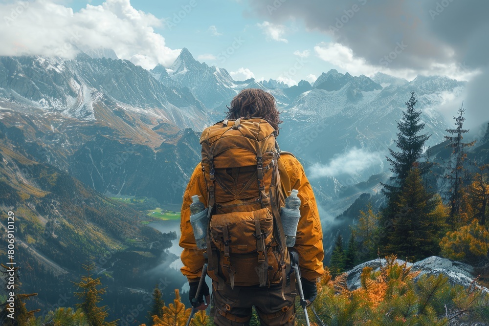 a man with a backpack is standing on top of a mountain looking at the mountains