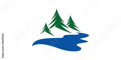 logo design pine and river, forest, adventure,wave, logo design template, icon, vector, symbol, idea.