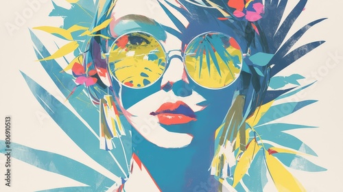 This is an artistic and modern digital artwork featuring the face of one woman with sunglasses  adorned in vibrant floral attire. 