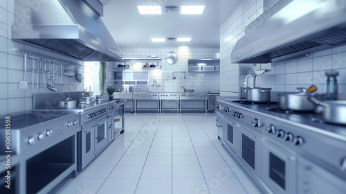 Spacious professional kitchen featuring modern stainless steel appliances and white tiled walls.