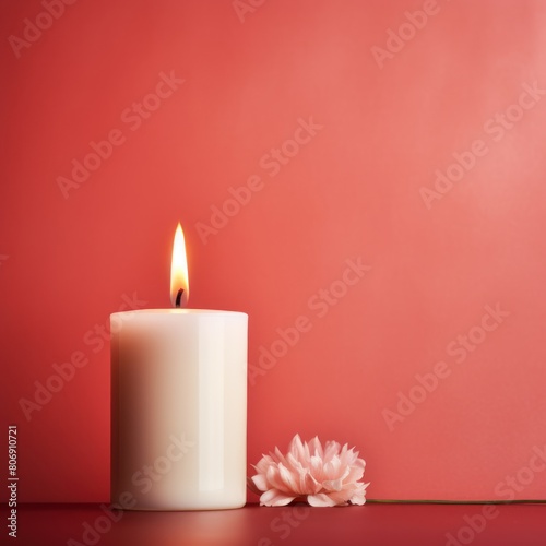 Coral background with white thin wax candle with a small lit flame for funeral grief death dead sad emotion with copy space texture for display