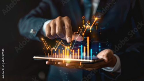 Business analysis, trading concept, Businessman, finance analyst using digital tablet, analyzing financial graph, stock market report, economic graph growth chart, business and technology background