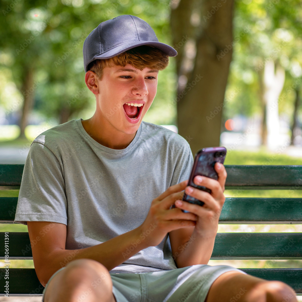 Fototapeta premium A teenage boy wit a cap sitting on the bench at the park using and looking at the smartphone cell phone and laughing happily.