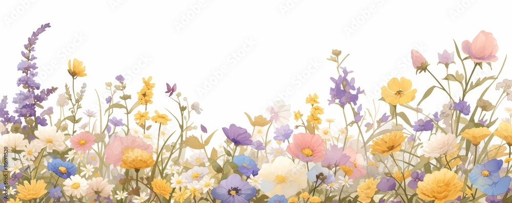 Watercolor painting of colorful wildflowers, spring flowers in the meadow, floral field