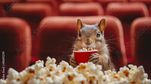 Chipmunk in cinema enjoying popcorn.