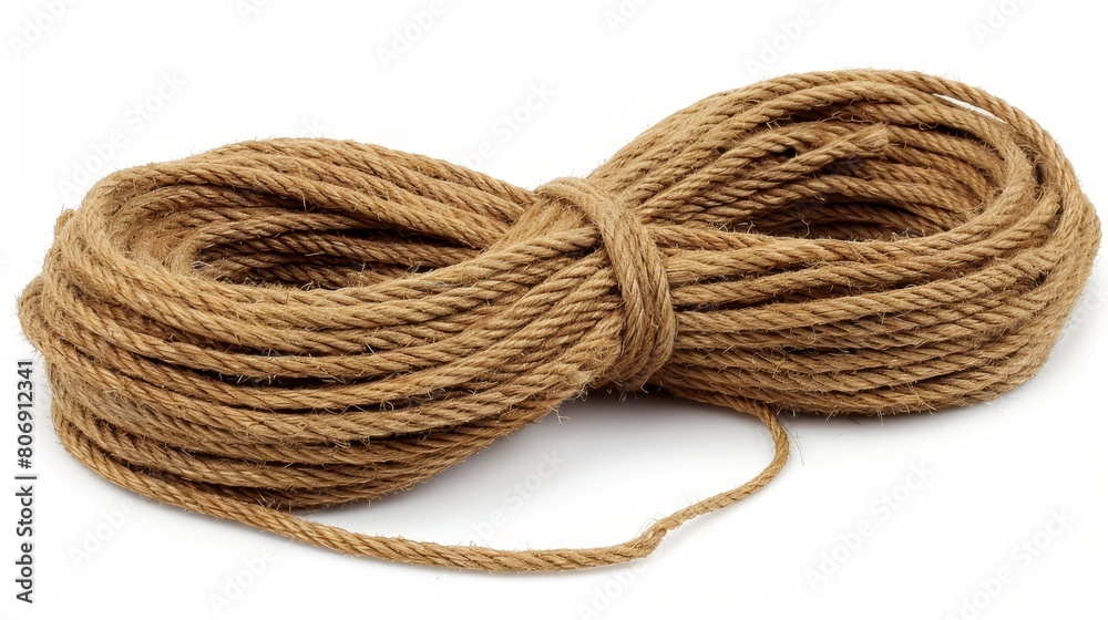 Organic beauty  neatly coiled hemp rope showcasing natural fibers on clean white background