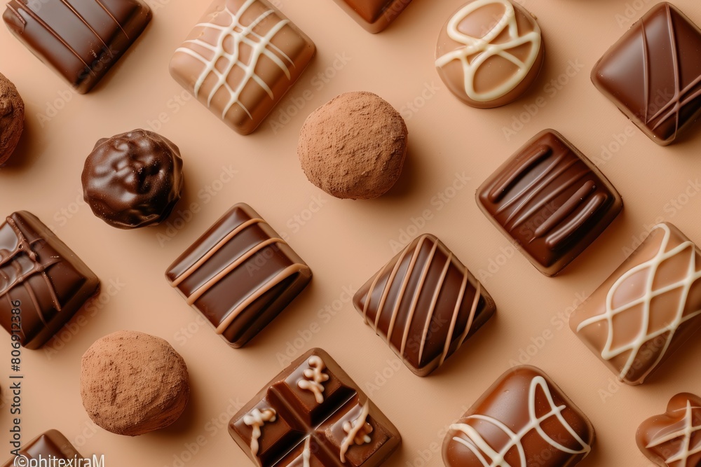 Decadent chocolate assortment against clean background, perfect for text or branding placement Decadent chocolate assortment against clean background, perfect for text or branding placement