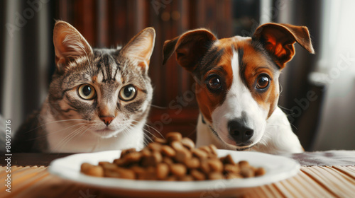 A curious cat and dog sitting together at a table, looking intently at a plate of pet food. photo