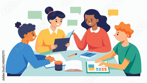 A group of students huddle around a table eagerly filling out worksheets on how to create a realistic and achievable monthly budget.. Vector illustration