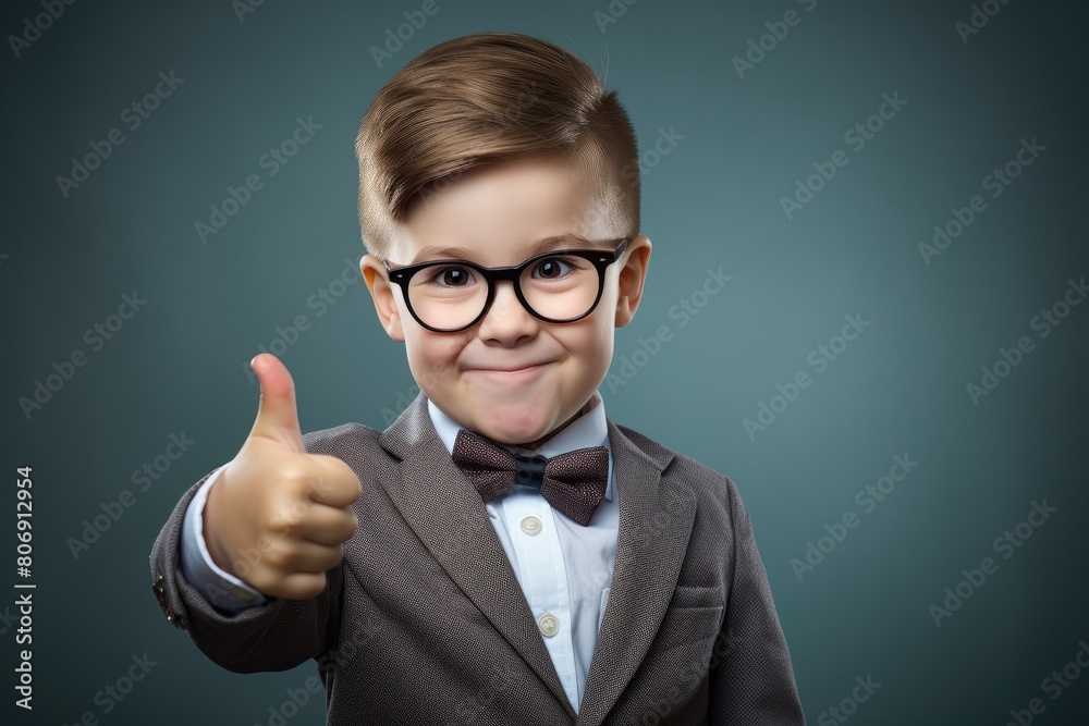 Back to School. Little schoolboy in glasses shows thumbs up Back to School. Little schoolboy in glasses shows thumbs up