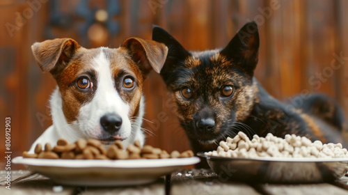 Two dogs sitting beside plates of dog food, focusing intently on the camera.