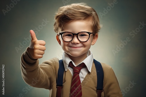 Back to School. Little schoolboy in glasses shows thumbs up
