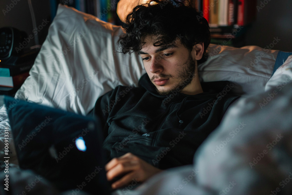Generative AI illustration happy homey sleepy person lying in bed browsing laptop smartphone lazy morning evening