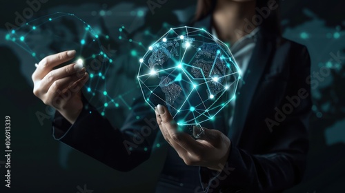 Investor hand holding digital globe represents the communication and connection of information across the world  machine learning on big data and blockchain the new technology