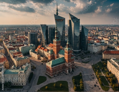 Explore the bustling skyline of Warsaw, where historic landmarks such as the Palace of Culture and Science and the Warsaw Old Town stand tall amidst modern architecture photo
