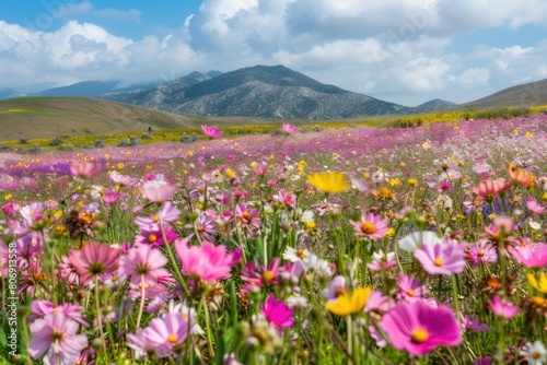 view of an beautiful and colorful spring flowers with mountain and white clouds