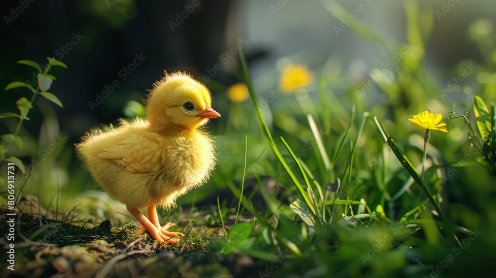 A yellow chick walks in the grass