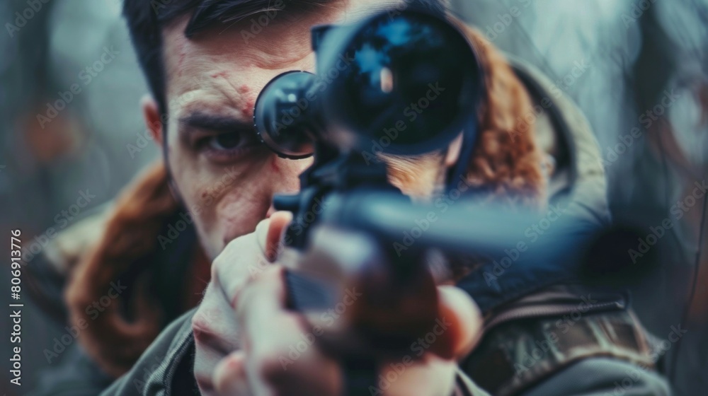 A man is holding a rifle and looking at the camera A man is holding a rifle and looking at the camera