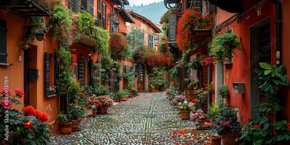 Fototapeta premium A picturesque European street lined with colorful flowers, historic architecture and cobblestone paths.