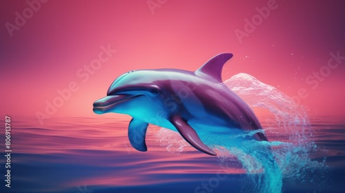 Dolphin with colorful neon retrowave background.