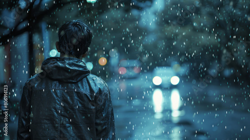 A young man walking in the rain