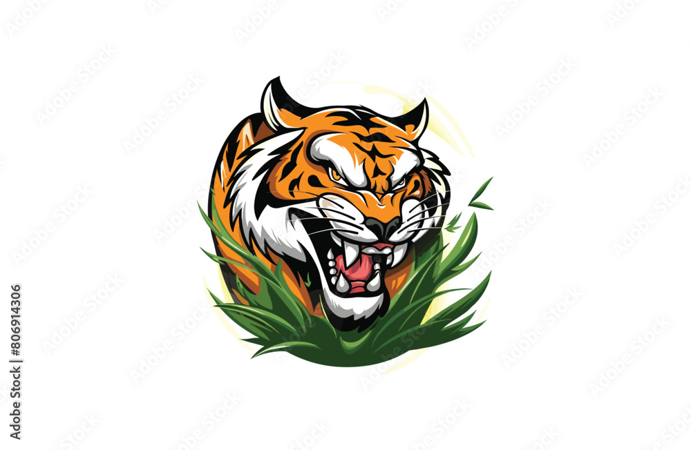 Obraz premium Tiger and Grass vector illustration flat design logo