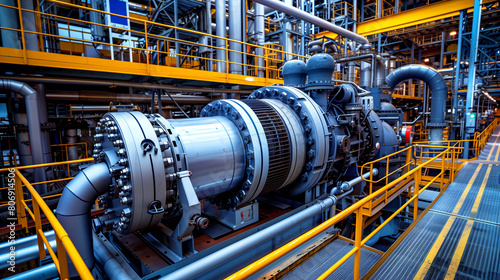 Detailed view of an industrial gas turbine in a factory with pipelines and metallic structures.