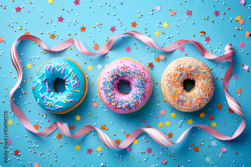 Three Doughnuts With Sprinkles and Ribbons on a Blue Background. Generative AI