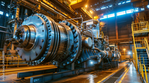 Massive industrial turbine inside a factory with complex engineering and numerous metal parts.