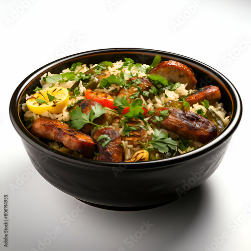 Pilaf with meat and vegetables in black bowl on white background