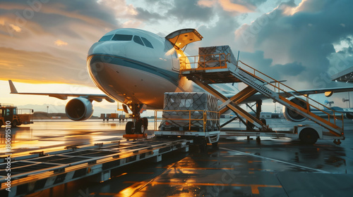 Commercial airplane being loaded with cargo at a wet apron during a vibrant sunset.
